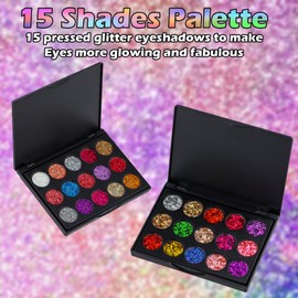 Dewocke 15 Colors Glitter Eyeshadow Palette, Metallic Diamond Sequined Eye Shadow, Highly Pigmented Sparkling Makeup, Ultra-Glam for Eyes, Long Lasting and Waterproof for Party and Stage Make-Up