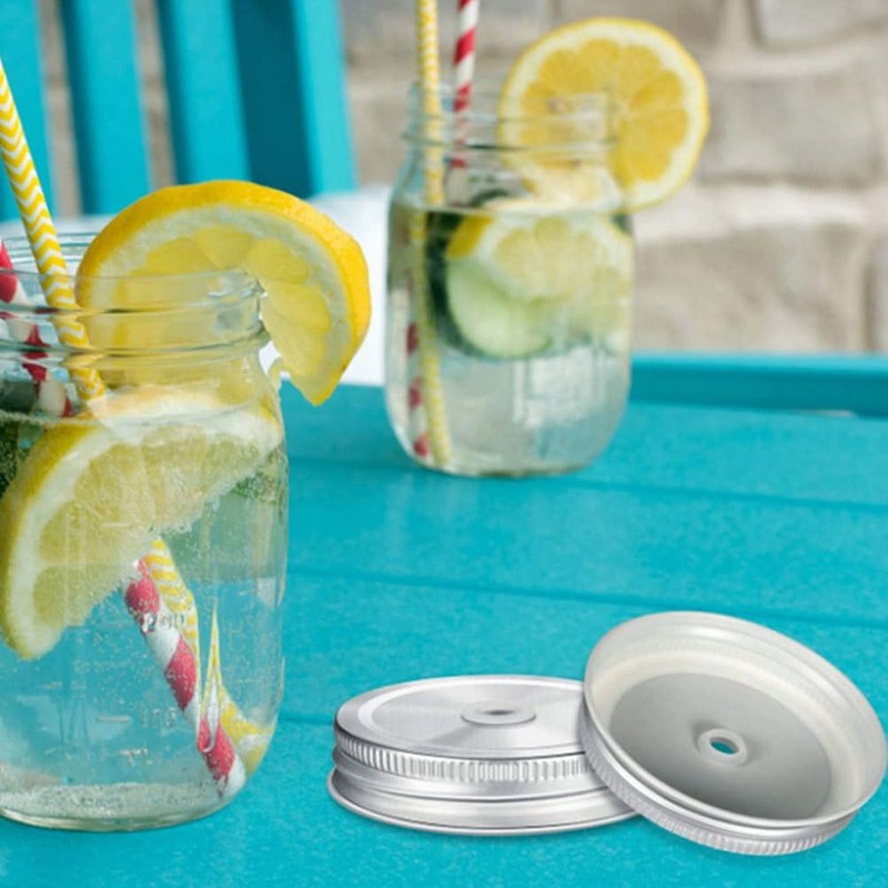 LABRIMP 4pcs Stainless Steel Mason Jar Lids with Straw Hole
