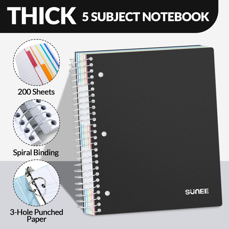 SUNEE 5 Subject Notebook College Ruled - 400 Pages, 9"x11",