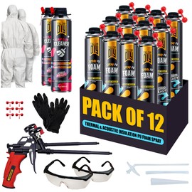 Closed Cell Spray Foam Insulation Kit (12 Pack - 25.3 fl.oz) - Expanding Foam for Thermal & Soundproofing - Including 2 Cleaners, 2 Teflon-Coated Guns, 2 Safety Suits, 2 Safety Glasses and Gloves