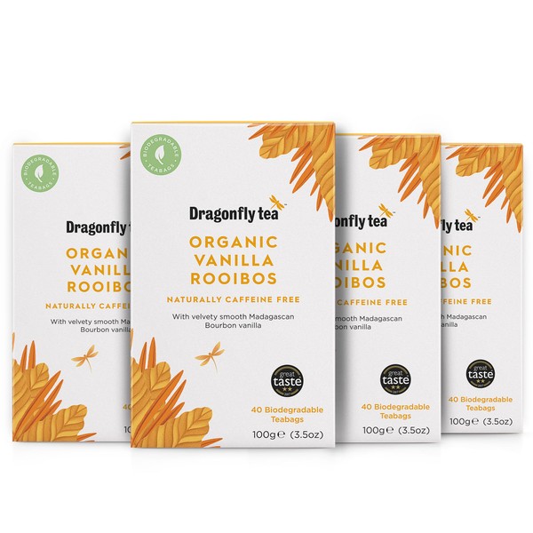 Dragonfly Vanilla Rooibos Tea | Pack of 4 x 40 Organic Tea Bags (160 Teabags) | Naturally Sweet Herbal Tea Bags | Vanilla Tea Bags | Rooibos Tea Bags | Caffeine-Free Tea | Biodegradable Tea Bags