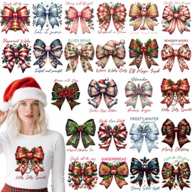 Dazoratix Christmas Bow Iron on Transfers - 24 Sheets Coquettee Xmas DTF Ready to Press Heat Patches Merry Xmas Stickers Vinyl Decals for T Shirts Clothing Hoodies Pillow Bag Winter Holiday DIY Crafts