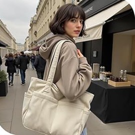 LOTEZAVA Corduroy Bag Women's Shopping Bag Large Tote Bag Shoulder Bag with Zip Multiple Pockets Handbag for Shopping, Work, Office, School, Travel and Daily Use, White, L