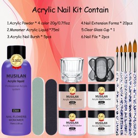 MUSILAN Acrylic Nail Kit - Clear Pink White Nude Acrylic Powder Nails Kit Acrylic Set,Acrylic Liquid Monomer and Powder with Acrylic Nail Brush Nail Forms and DIY Nail Art Tools Acrylic Nail Kit for Beginner