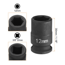 sourcing map 2pcs Deep Impact Socket 3/8" Square Drive by 12mm Metric 6 Point Socket 30mm (1.18") Long CR-MO Steel Industrial Grade Flip Socket for Home Auto Hex Nuts Bolts Repair, Black