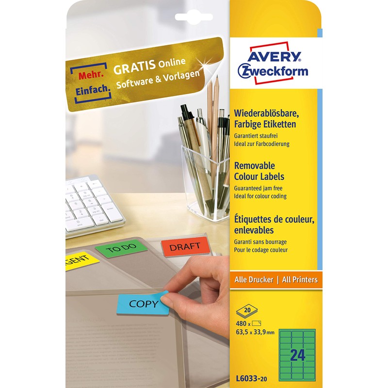 Avery L6033-20 Printable, customisable Removable Green Filing Labels, 24 Labels
