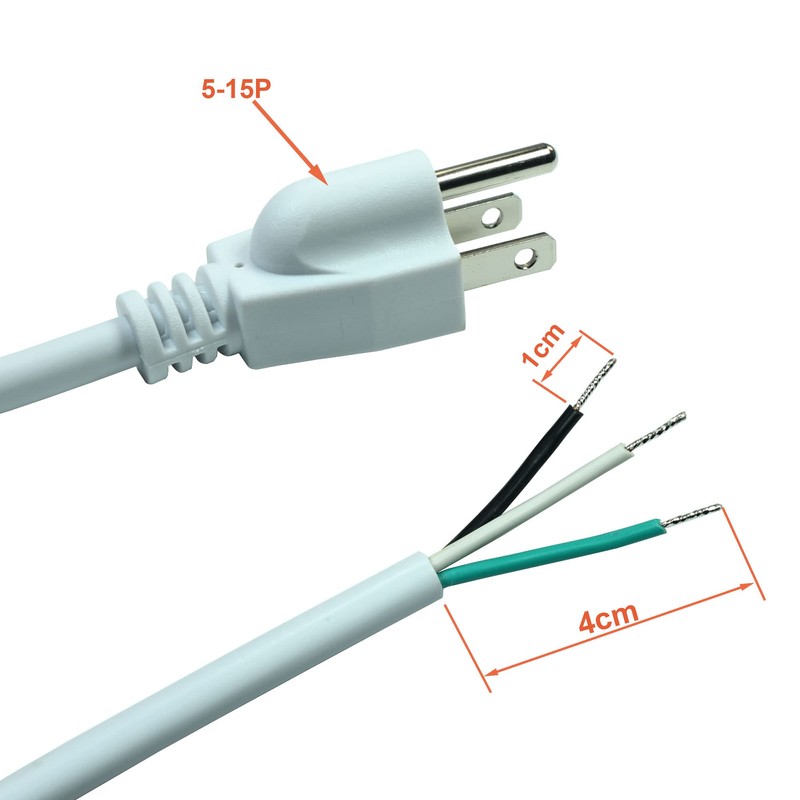 White 18AWG 3-Prong Power Cord with Open Wiring, 10Amp Max,