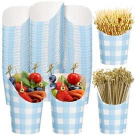 Potchen 250 Pcs Blue Plaid Charcuterie Cups with Sticks 14 oz 50 Sets Disposable Checkered Gingham Snack Appetizer Cups with 200 Cocktail Picks French Fry Holder for Wedding Bridal Party Decorations