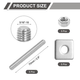 sourcing map 5/16"-18 UNC Fully All Threaded Rod, 5 Pcs 304 Stainless Steel Long Threaded Screw 2.8" Length Right Hand Threads with Square Washers for Furniture Mounting Assembly Fastening
