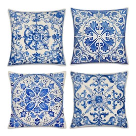 HIKENVIU Blue Throw Pillow Covers 18x18 Inches, Chinoiserie Pillow Cover for Sofa Bed Chair Office Bedroom Livingroom Couch Chinoiserie Decor, Set of 4 Farmhouse Cushion Cover