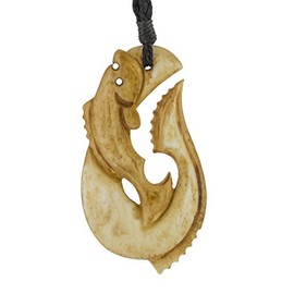 Earthbound Pacific Hand Carved Aged Bone Stylized Hawaiian Fish hook Necklace with Salmon - Large