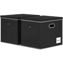 PFFVRP Extra Large Storage Bins with Lids, 16"x12"x12" Foldable Linen Fabric Storage Boxes with Lids, Storage Basket with Lid with Handles and Label, Storage Bin for Living Room Closet Office (Black)
