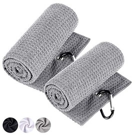 labworkauto Golf Towel Microfiber Waffle Tri-fold with Heavy Duty Carabiner Clip Black White Gray