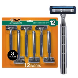 BIC Sensitive 3 Disposable Razors for Men With 3 Blades for Sensitive Skin, 12 Count Value Pack of Shaving Razors