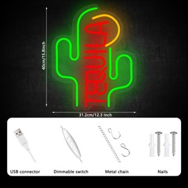 AUGELRE Cactus Tequila Neon Sign, Neon Signs for Wall Decor, Dimmable Led Signs for Bedroom, Aesthetic Light Up Signs for Bar Resturant Man Cave Game Room Club Pub Party Decoration Gift