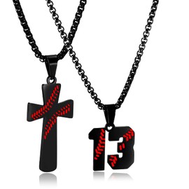 RWQIAN Baseball Necklace for Men Baseball Number Pendant Necklace Stainless Steel Men Baseball Cross Necklace and Number 13 Chain Set Jewelry Gift