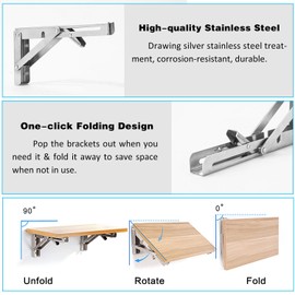 4 Pcs Folding Shelf Brackets, 18 Inch Shelf Brackets Heavy Duty Collapsible Triangle Stainless Steel L Brackets for Wood Shelves, Max. Load 450 lb DIY Wall Mounted Space Saving for Bench Table, Silver