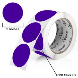 Perco Purple 2-Inch Round Circle Dot Sticker Labels with Permanent Adhesive - 500 Labels per Roll - Vibrant Colors, Strong Adhesion - Made in USA