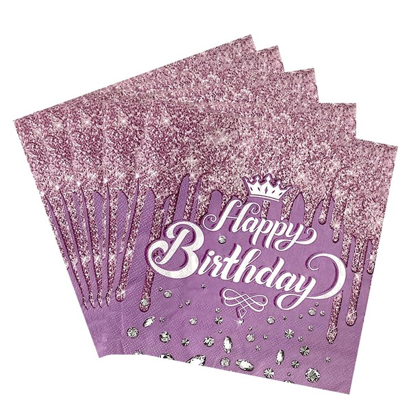 Happy Birthday Napkins, Pack of 40, Purple Diamond Birthday Napkin,