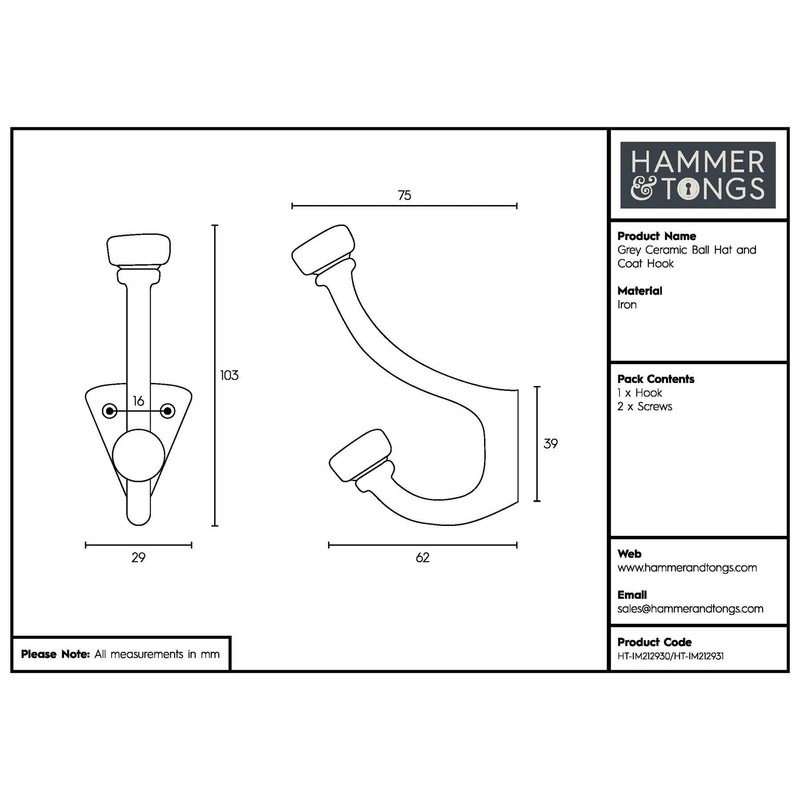 Hammer and Tongs Grey Ceramic Ball Hat & Coat Hooks