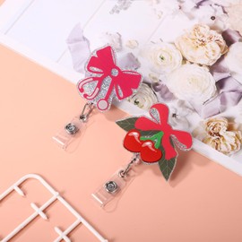 Lyreh 2pcs Bow Badge Holder, Pink Bow Cherry Badge Holder Retractable Clip Cute ID Name Stethoscope Reels Appreciation Gift for Worker Employee Doctor Teacher