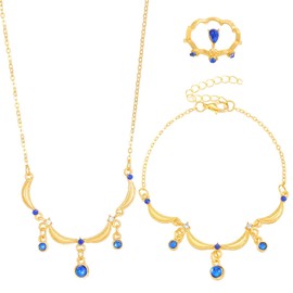 Xeyau Crystal Necklace Bracelet Ring Set Dainty 14K Gold Plated Necklace Set Bride Wedding Prom Costume Jewelry Set for Women Christmas Valentine (A-Blue)