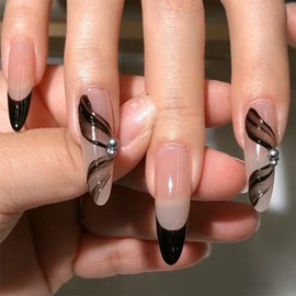 IMRAIN Press on Nails Long Stiletto Fake Nails Black French False Nails Tips Glossy Glue on Nails Full Cover Gel Acrylic Nails for Women Girls 24Pcs