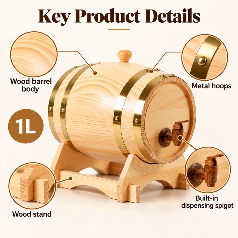 1L Wooden Wine Barrel for Home Bars – Vintage Spigot