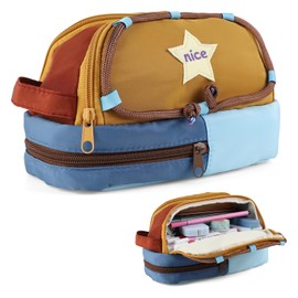 Kytpyi Pencil Case, Pencil Case, 23 x 12 x 14 cm, Wear-Resistant, Large Children's Pencil Case with 3 Compartments, Zip for School, Office, Home, Cute Colourful Case Pens for Boys Girls (Beige