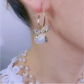 Cute Gold Bowknot Pearl Dangle Earrings - Rhinestone Bow Drop Earrings for Women's Christmas & Birthday Parties