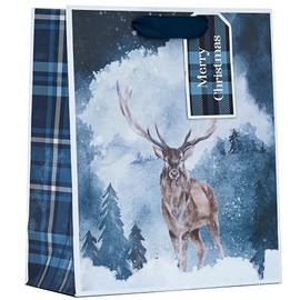 Design By Violet Merry Christmas Tartan Stag Gift Bag Eco Friendly Recyclable with Blue Handle and Merry Christmas Blue Gift Tag Xmas Gift Wrap Medium