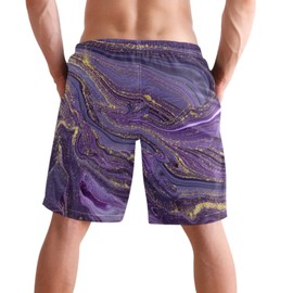 visesunny Men's Beach Short Swim Trunks Purple Marble with Golden Veins Sports Running Bathing Suits with Mesh Lining