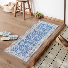 HAOCOO Floral Persian Carpet, Washable, Abrasion/Bacteria/Odor/Slip Resistant, Lightweight, Soundproofing, Indoor Rug, All Seasons, Rug Mat, Chenille, 17.7 x 47.2 inches (45 x 120 cm), Light Blue