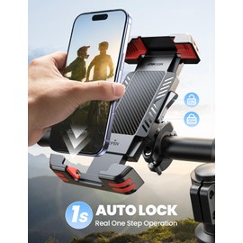 JOYROOM Bike Phone Holder [Hidden Tracker Storage] Phone Holder for Bike [1S Auto Lock] Motorcycle Phone Mount for Bike Bicycle Ebike Accessories Handlebar Phone Mount for All 5.8‘’-7.2" Phones, Red