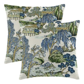 Wsunsal Chinoiserie Pillow Covers 18x18 Inch Set of 2, Asian Scenic Blue and Kelly Green Throw Pillows Farmhouse Chinoiserie Outdoor Decorative Pillowcase Linen Cushion Cover for Home Sofa Bedroom