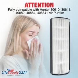 30610 True HEPA Filter Replacement Compatible with Hunter 30611, 40882, 40884, 408841 Air Purifiers by LifeSupplyUSA