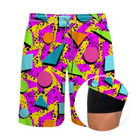 feelacle Retro 80s 90s Style Mens Swim Trunks 9 Inch Inseam Board Shorts Beach Swimwear Bathing Suit with Compression Liner and Pockets 3X-Large