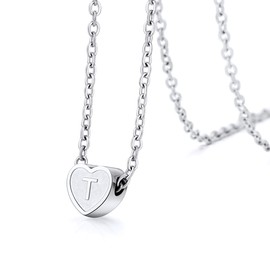 FOCALOOK Women's Necklace Stainless Steel / 18 Carat Gold-Plated Initial Pendant Necklace Mini Heart Clavicle Chain Fashion Jewellery Accessory for Girls Great Gift, Stainless Steel, No Gemstone