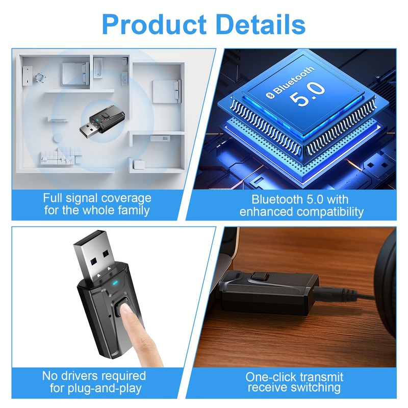 USB Bluetooth 5.0 Dongle Adapter with 3.5mm AUX, 4-in-1 Car