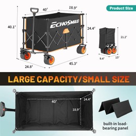 EchoSmile Collapsible Foldable Extended Wagon with 500lbs Weight Capacity, 300L Folding Utility Wagon Cart with Big All-Terrain Wheels for Beach,Sport,Gargen&Grocery,Black & Orange