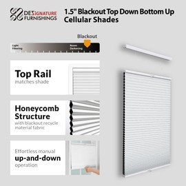 DEZ FURNISHINGS Cordless1.5 Blackout Top Down Bottom Up Cellular Shade, Energy Saver, 58" W x 54" H, White