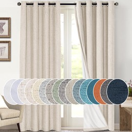PrinceDeco Primitive Textured Linen 100% Blackout Curtains for Bedroom/Living Room Energy Saving Window Treatment Curtain Drapes, Burlap Fabric with White Thermal Insulated Liner (52x108in, Natural)