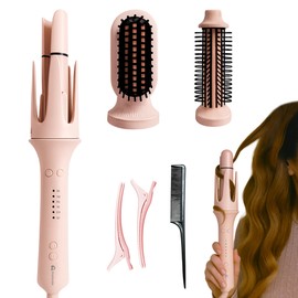Bluelander Estilizador Multifuncional Automático 3 en 1, Rizador, Cepillo Alisador y Cepillo Voluminizador, Control de Temperatura 160–200 °C, Calentamiento Rápido, Incluye Peine y Pinzas (Rosa)