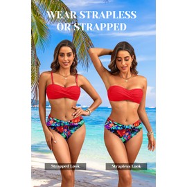 Conjunto de bikini bandeau sin tirantes para mujer, traje de baño de dos piezas con lazo lateral, Rojo (Red Floral), X-Large