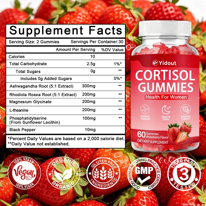 Cortisol Gummies Ashwagandha Rhodiola, Strawberry Wellness Chews for Adults