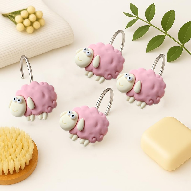 Pink Sheep Resin Shower Curtain Hooks 12 Pack Cute Animal