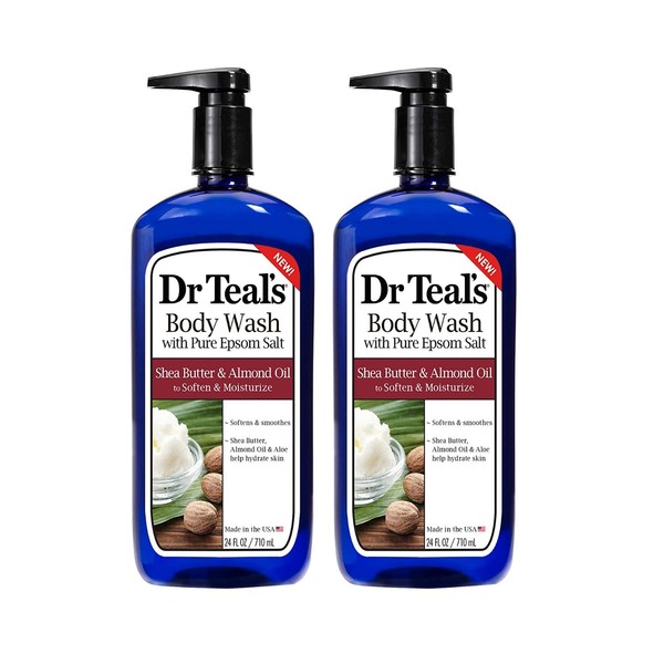 Dr Teal's Epsom Salt Bath and Shower Body Wash with Pump - Shea Butter and Almond Oil - Pack of 2, 24 Oz Each - Soften and Moisturize Your Skin, Relieve Stress and Sore Muscles