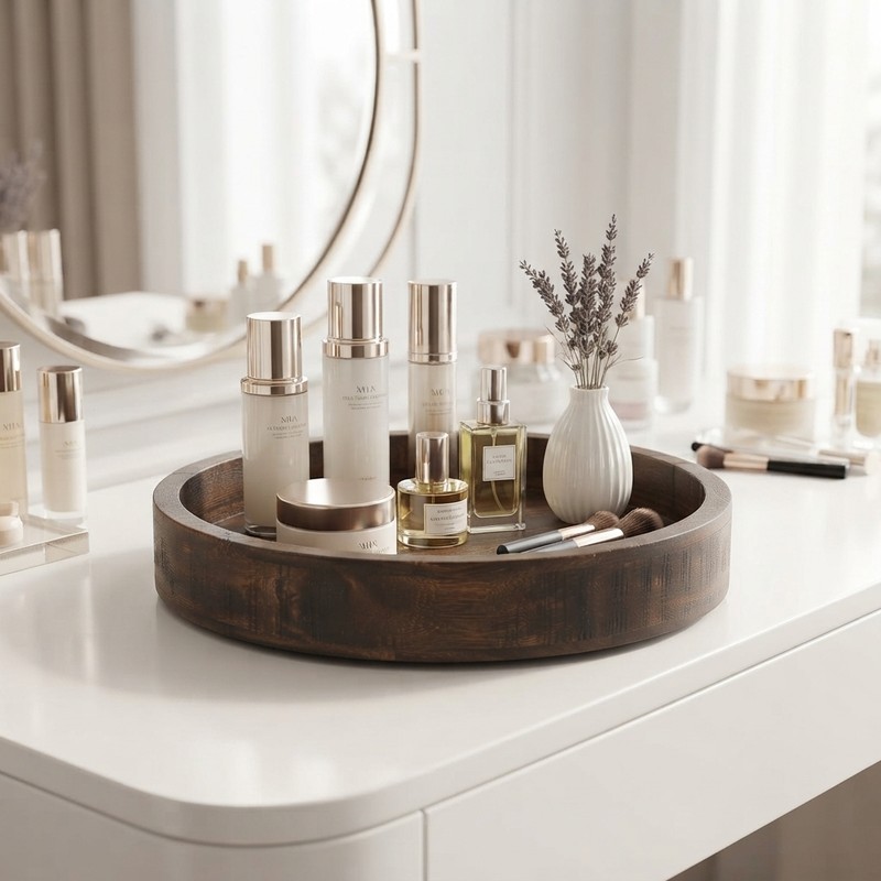 Round Wooden Candle Holder Trays for Coffee Table, Distressed Finish