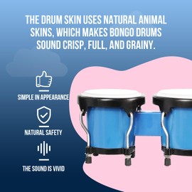 Soulmate Bongo Drum 4'' and 5'' Set for Adults Beginners, Tunable Natural Skin Bongos Percussion Instruments With Tuning Wrench (Blue)