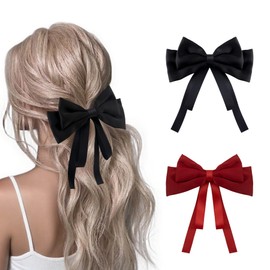 Dalababa 2 Pcs Bow Hair Clips, Solid Color French Barrette with Soft Silky Satin Bow Ribbon, Hair Accessories for Women Girls Party Festival Birthday Wedding(Black, Red)